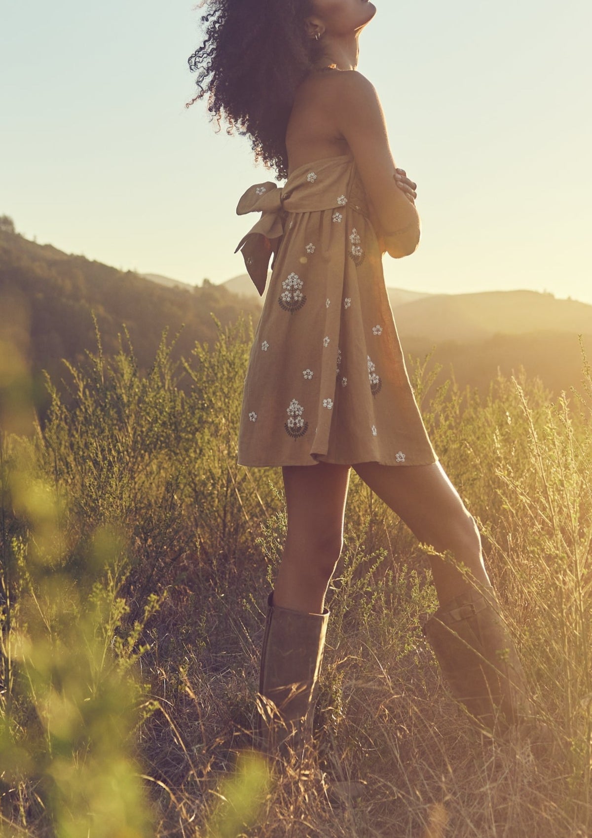 Meadow Embroidered Beaded Mini Dress in Light Fawn and Ivory Floral