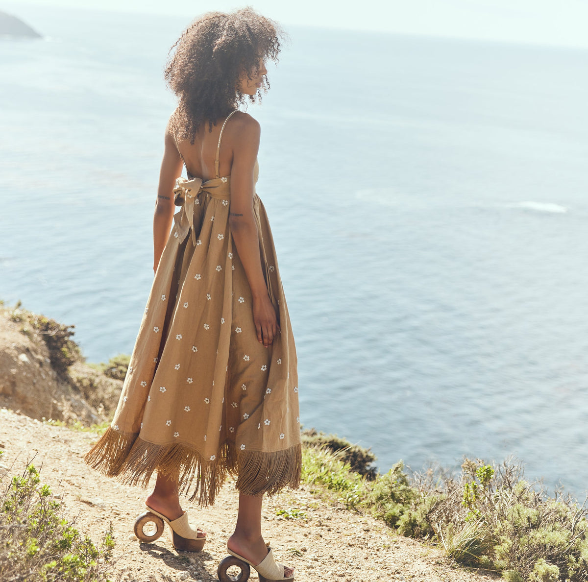 Meadow Beaded Dress in Light Fawn and Ivory Floral