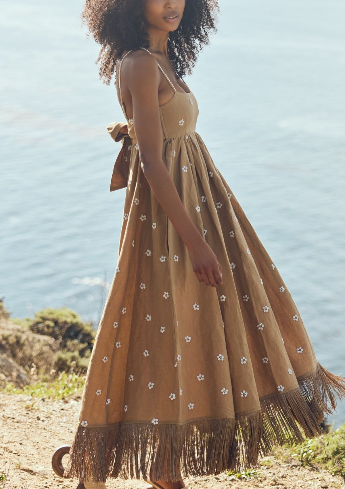 Meadow Beaded Dress in Light Fawn and Ivory Floral