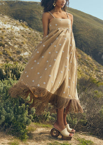 Meadow Beaded Dress in Light Fawn and Ivory Floral