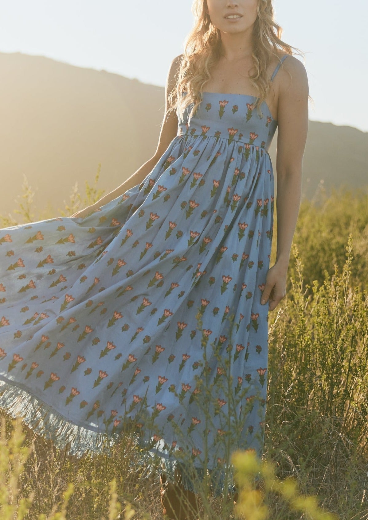 Gavin Fringe Dress in French Blue with Punch Blossom Floral