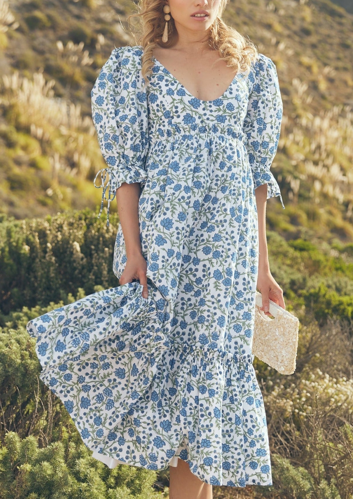 Hayley Puff Sleeve Dress in Cream Azure Floral