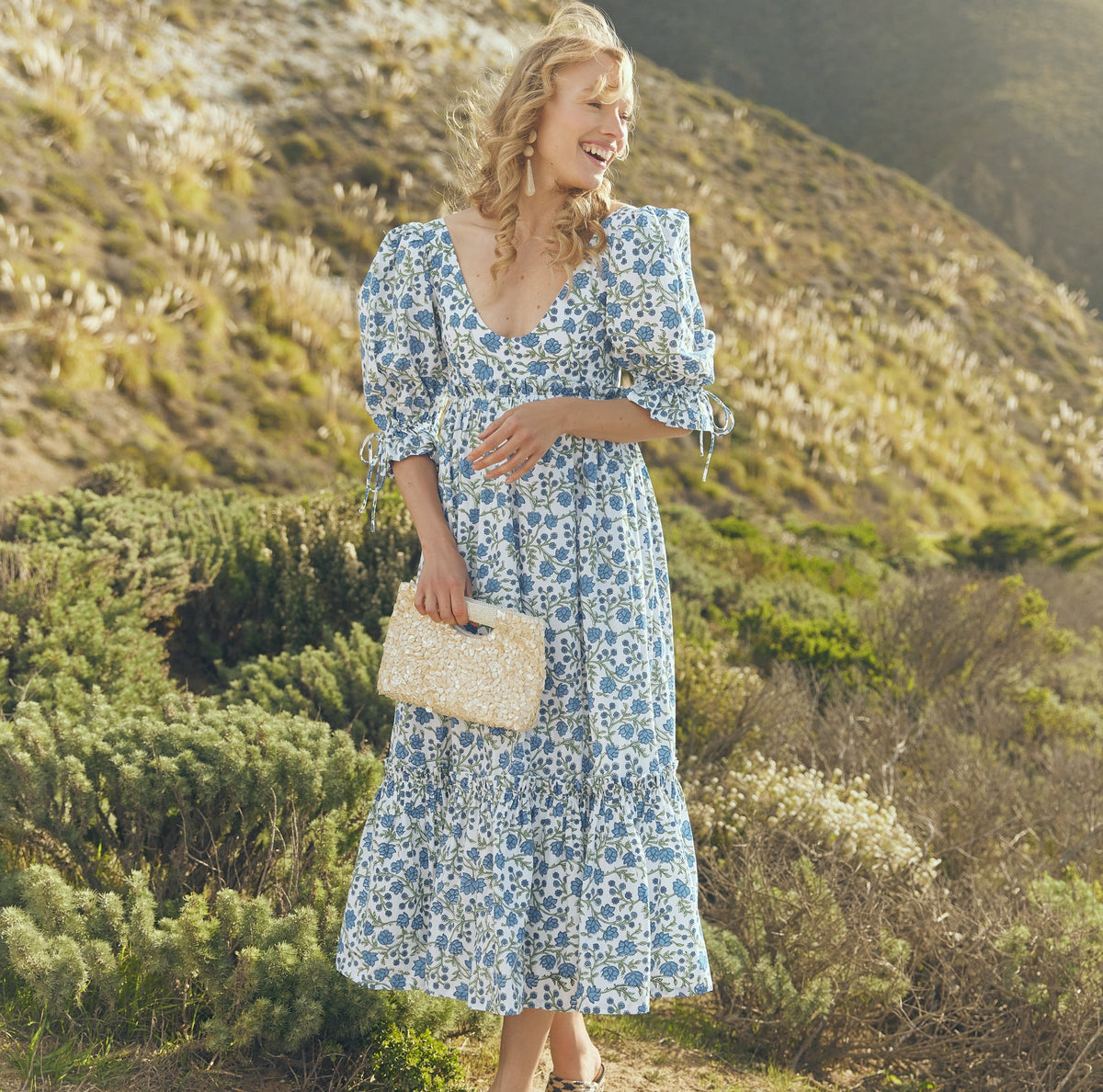 Hayley Puff Sleeve Dress in Cream Azure Floral