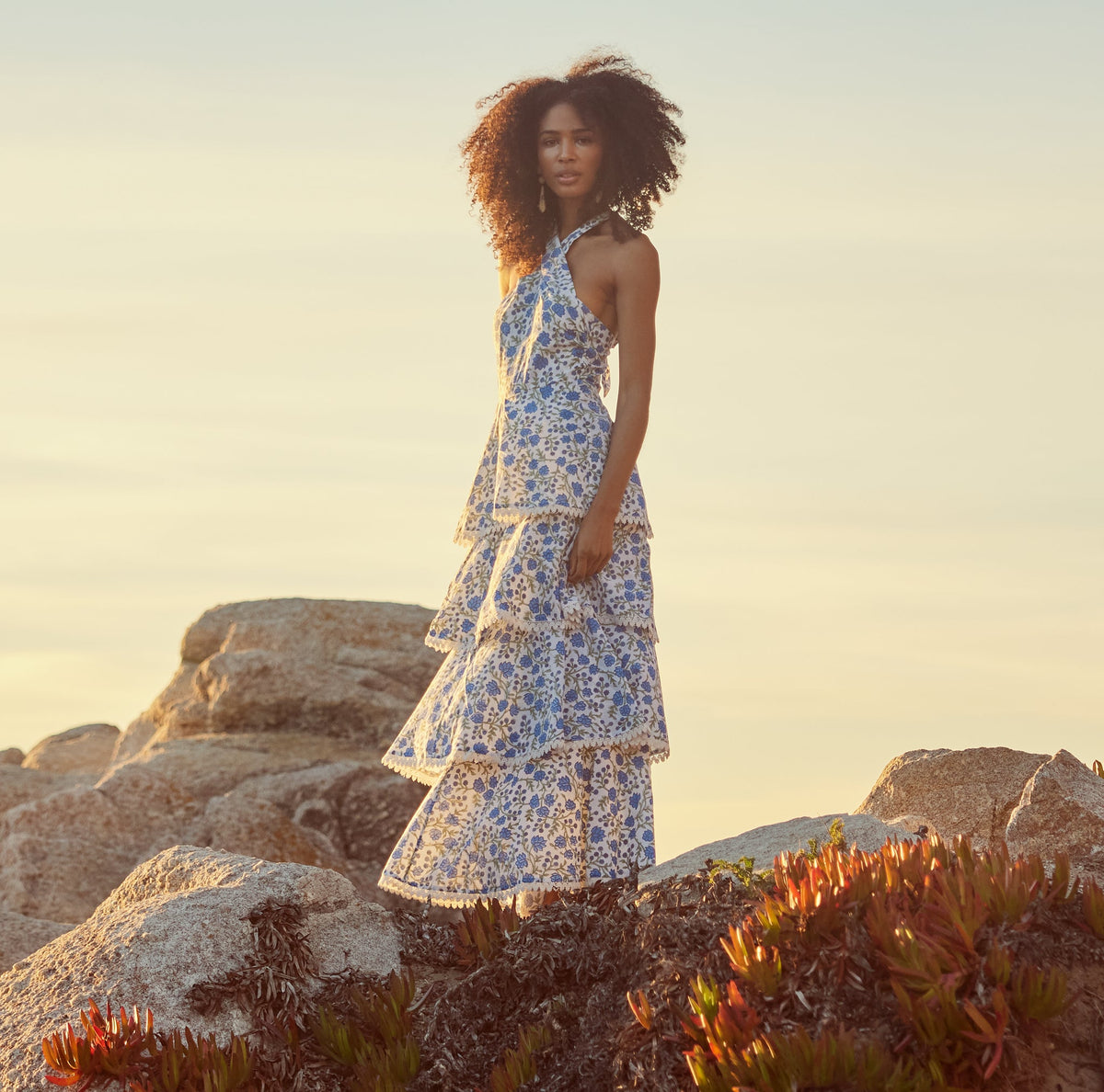 Emma Tiered Dress in Cream Azure Floral