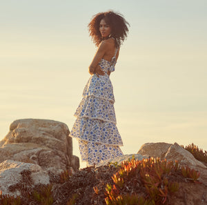 Emma Tiered Dress in Cream Azure Floral