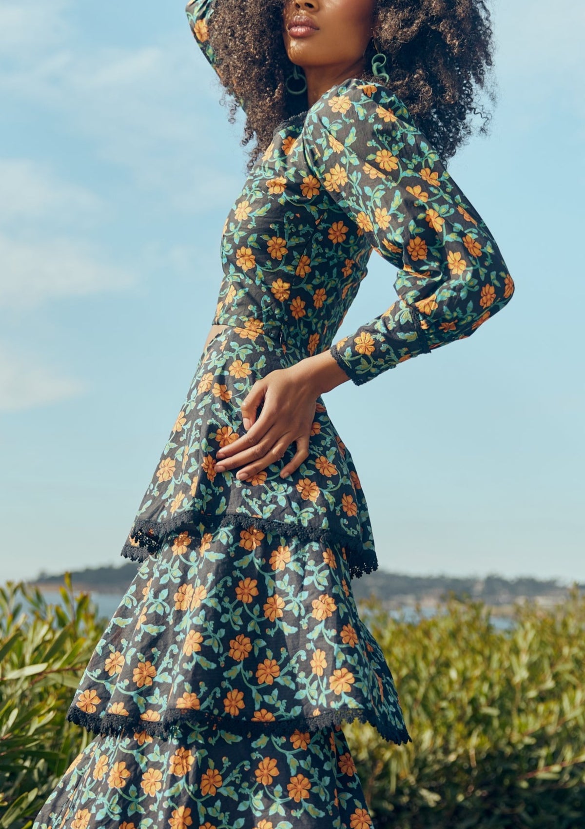 Victoria Embroidered Top in Faded Black with Clementine Moss Floral