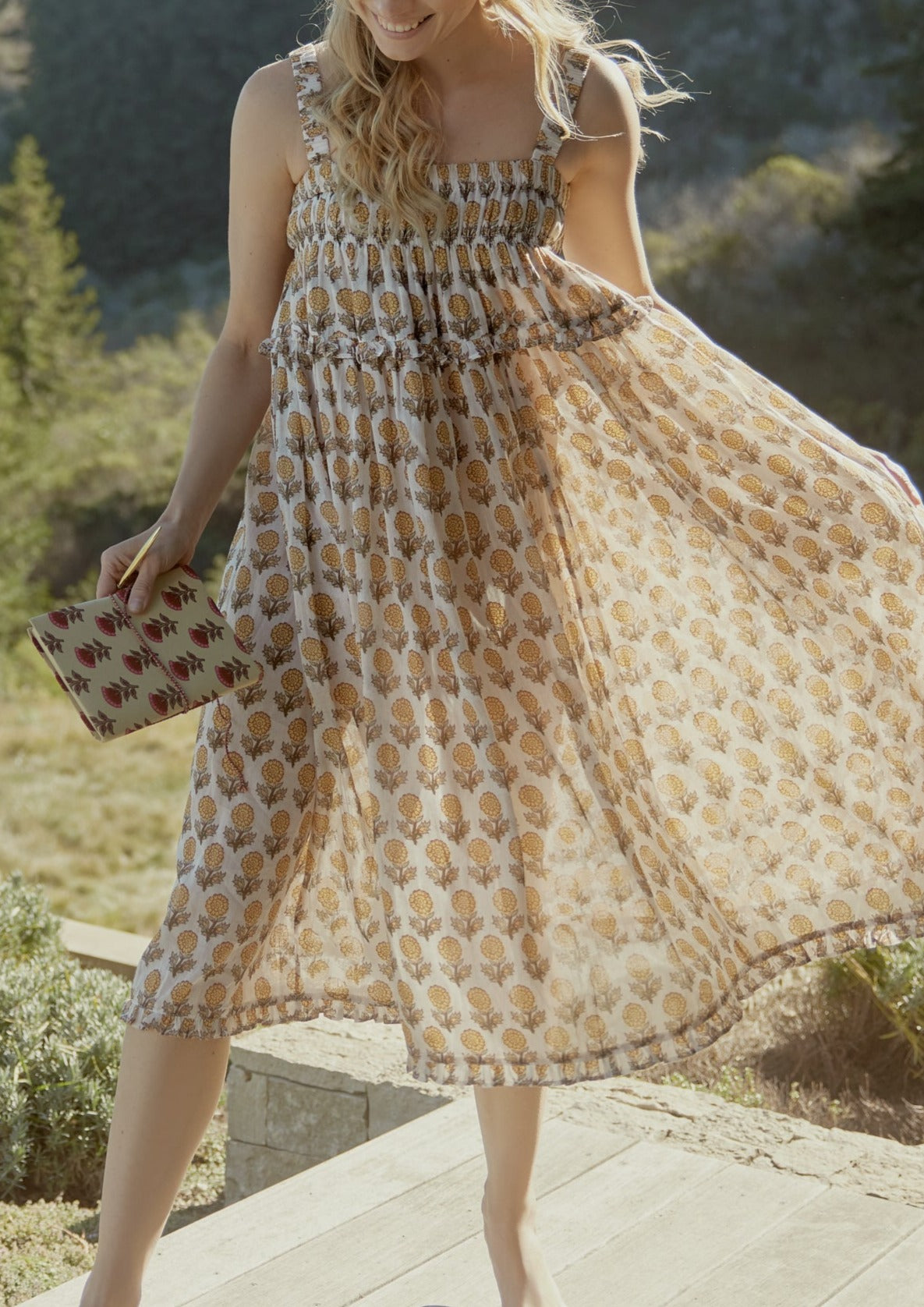 Gwen Ruffled Midi Nightgown in Ochre Dahlia Floral