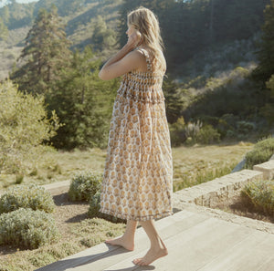 Gwen Ruffled Midi Nightgown in Ochre Dahlia Floral