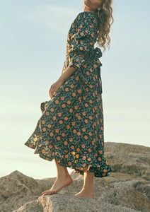 Ellen Ruffled Wrap Dress in Faded Black with Clementine Moss Floral