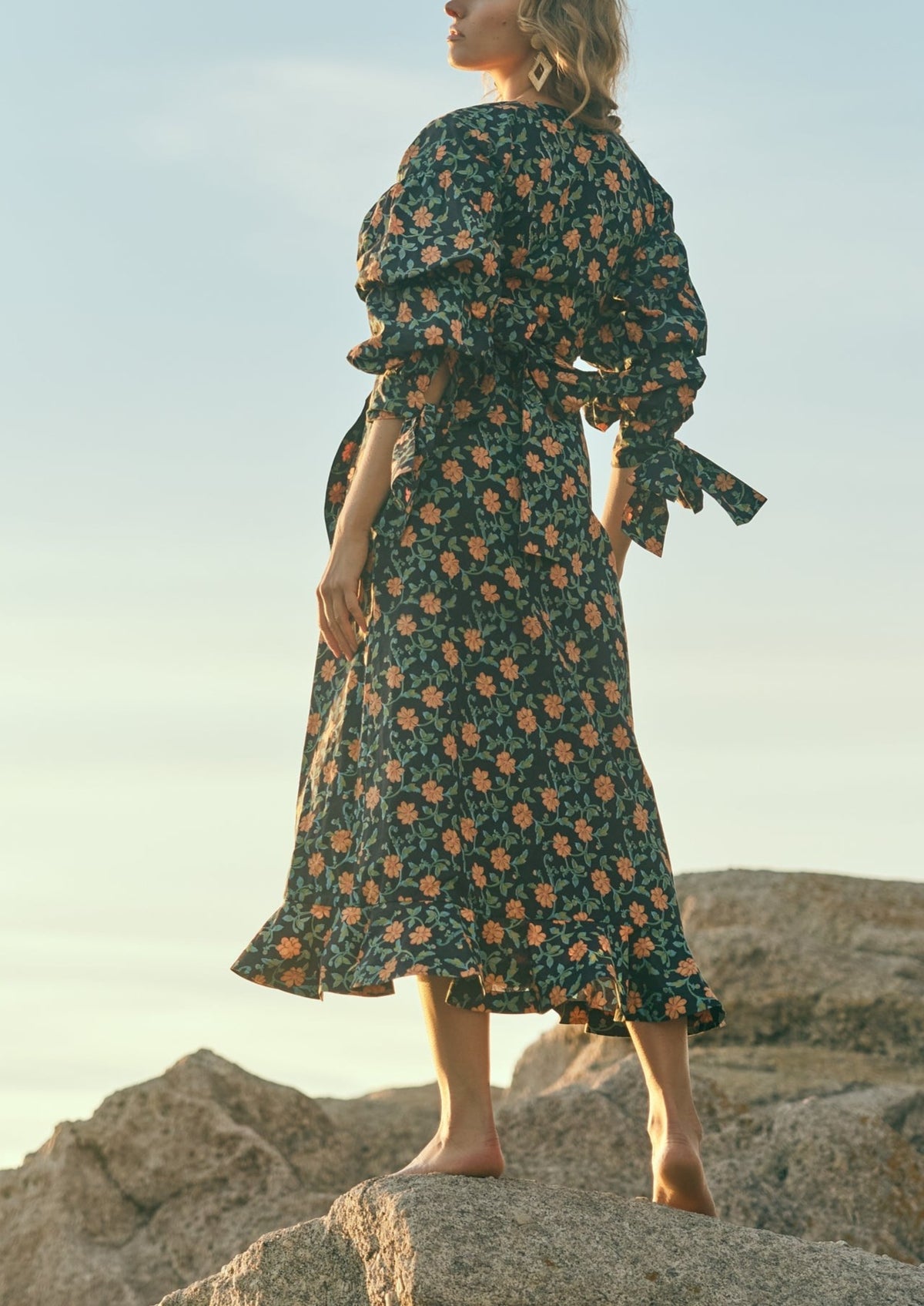 Ellen Ruffled Wrap Dress in Faded Black with Clementine Moss Floral