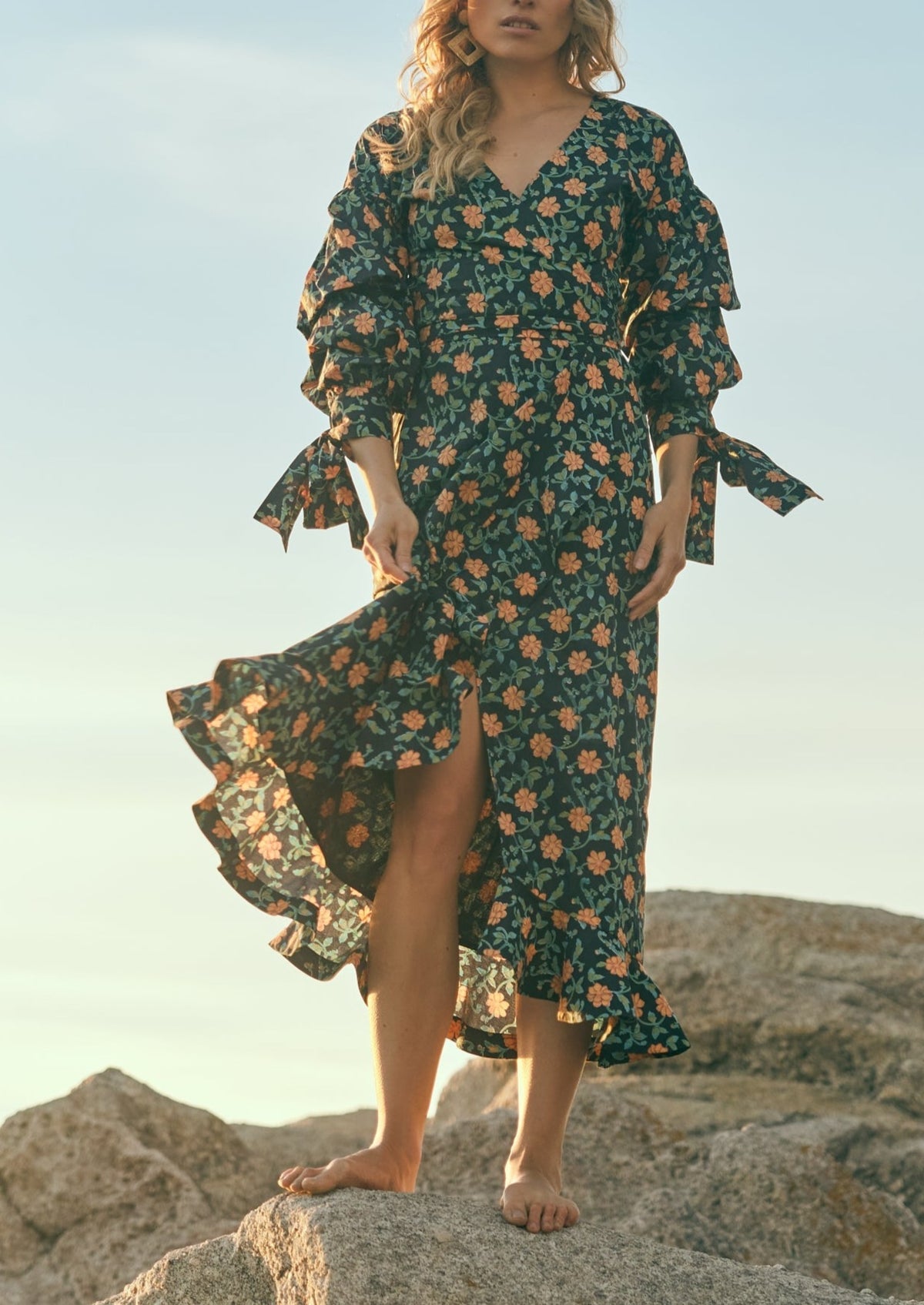 Ellen Ruffled Wrap Dress in Faded Black with Clementine Moss Floral