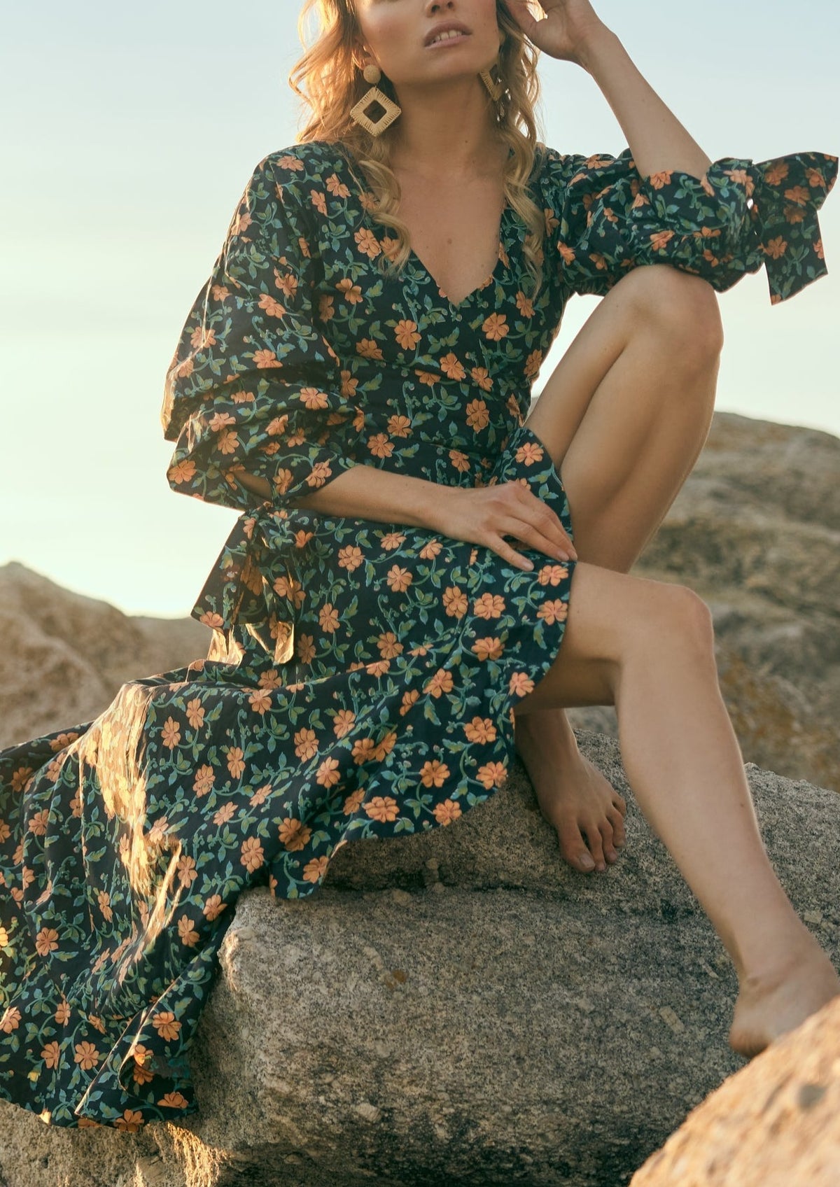 Ellen Ruffled Wrap Dress in Faded Black with Clementine Moss Floral