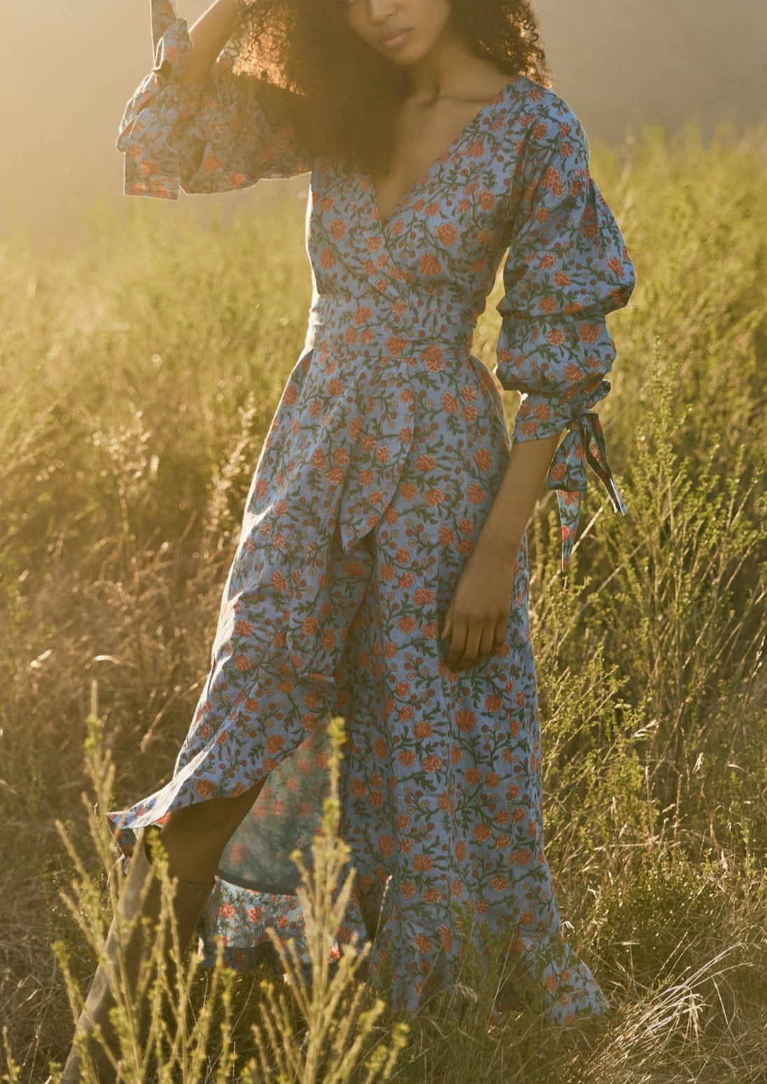 Ellen Ruffled Wrap Dress in French Blue with Punch Bouquet Floral