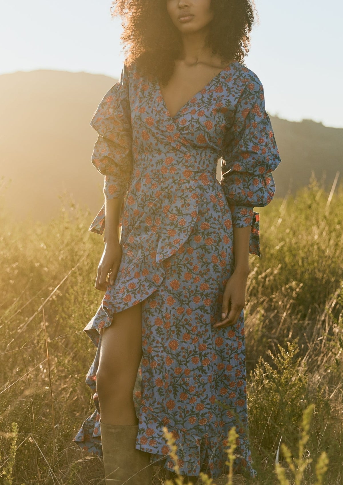 Ellen Ruffled Wrap Dress in French Blue with Punch Bouquet Floral