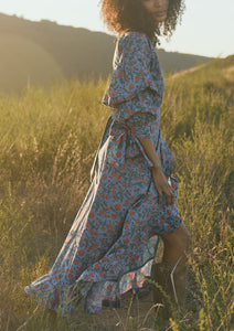 Ellen Ruffled Wrap Dress in French Blue with Punch Bouquet Floral