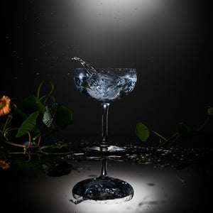 Chatham Bloom coupe cocktail glass, etched floral design in lead-free crystal by Caskata.