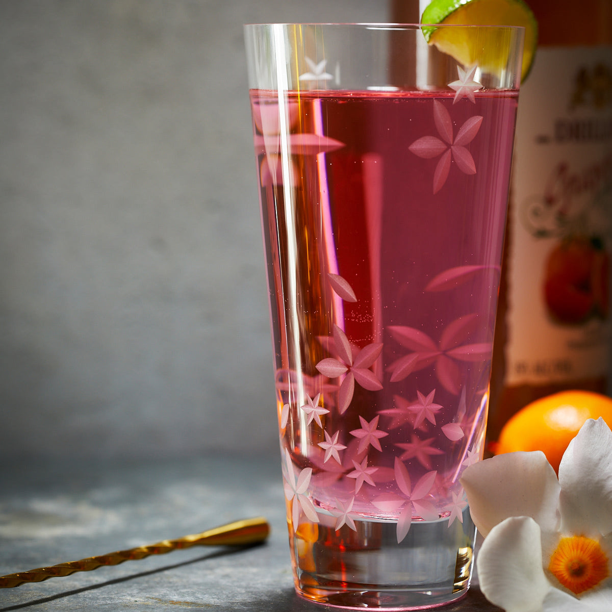 Chatham Bloom highball glass, etched floral pattern on lead-free crystal by Caskata.