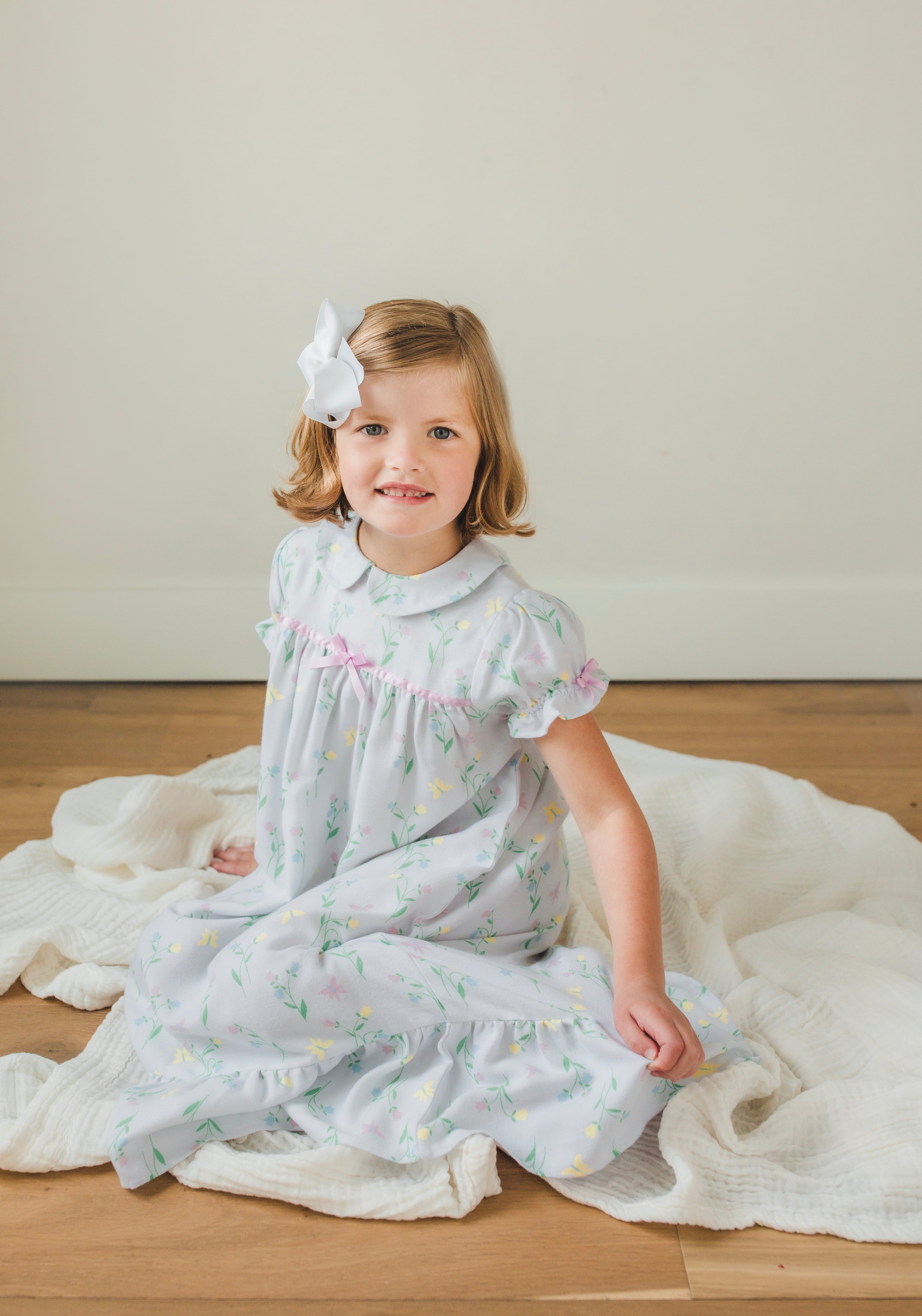 Little English traditional girl's short-sleeve flannel style nightgown, little girl's classic Spring nightgown with bow in butterfly garden print