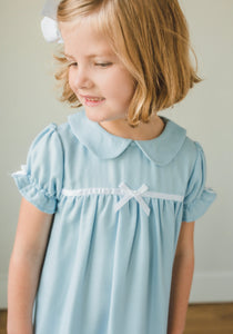 Little English traditional girl's short-sleeve flannel style nightgown, little girl's classic Spring nightgown with bow in light blue