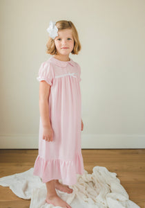 Little English traditional girl's short-sleeve flannel style nightgown, little girl's classic Spring nightgown with bow in light pink