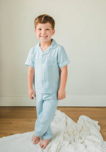 Little English classic kids short-sleeve flannel style pajama set, traditional jammies in light blue for Spring