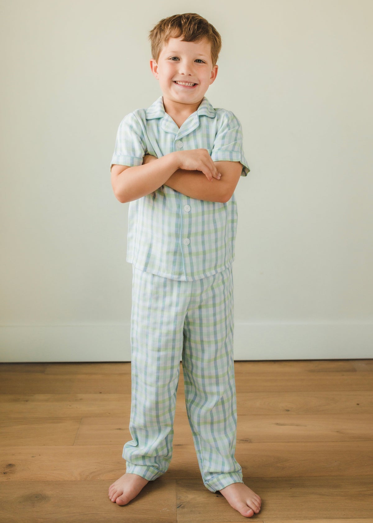 Little English classic kids short-sleeve flannel style pajama set, traditional jammies in green and blue plaid for Spring, Wingate Plaid print