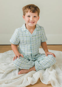 Little English classic kids short-sleeve flannel style pajama set, traditional jammies in green and blue plaid for Spring, Wingate Plaid print