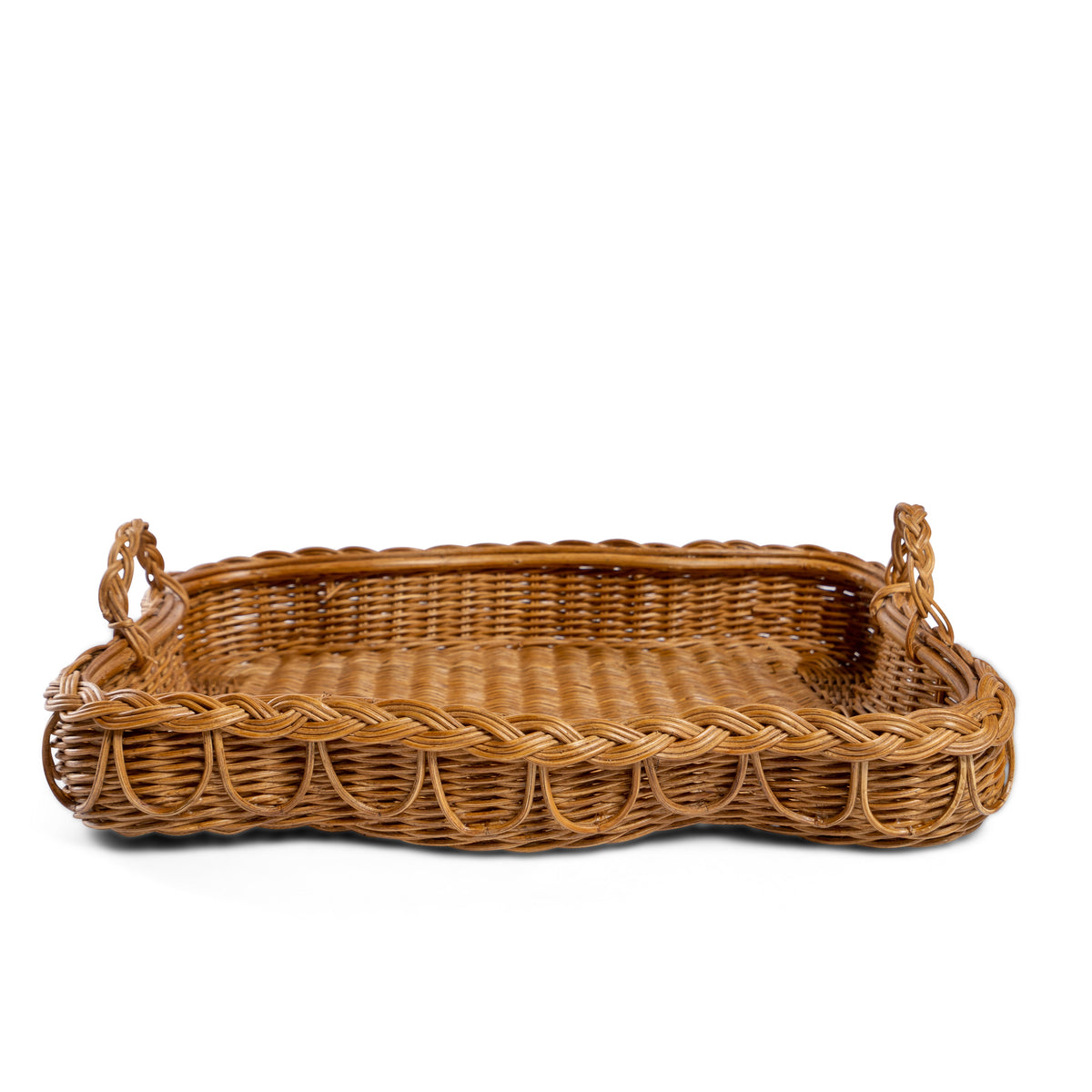 Front Photo of Sharland-England's Hadley tray Hand-crafted from 100% natural rattan, featuring fixed handles and a beautifully braided, scalloped edge