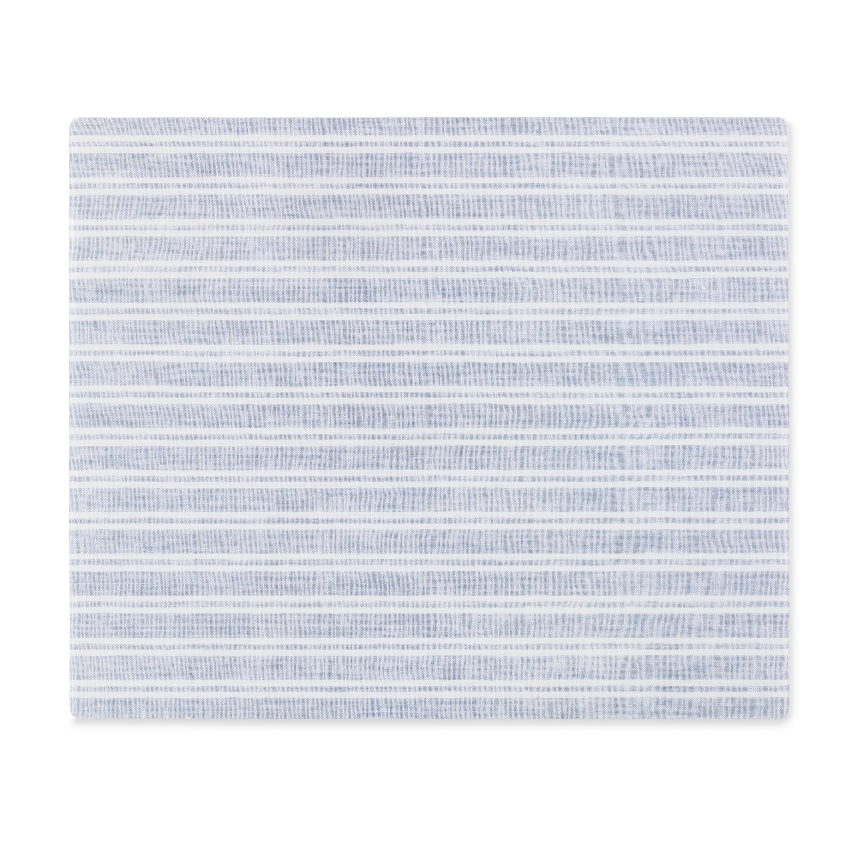 Rectangular linen-printed acrylic placemat with neutral gray and white stripe fabric.