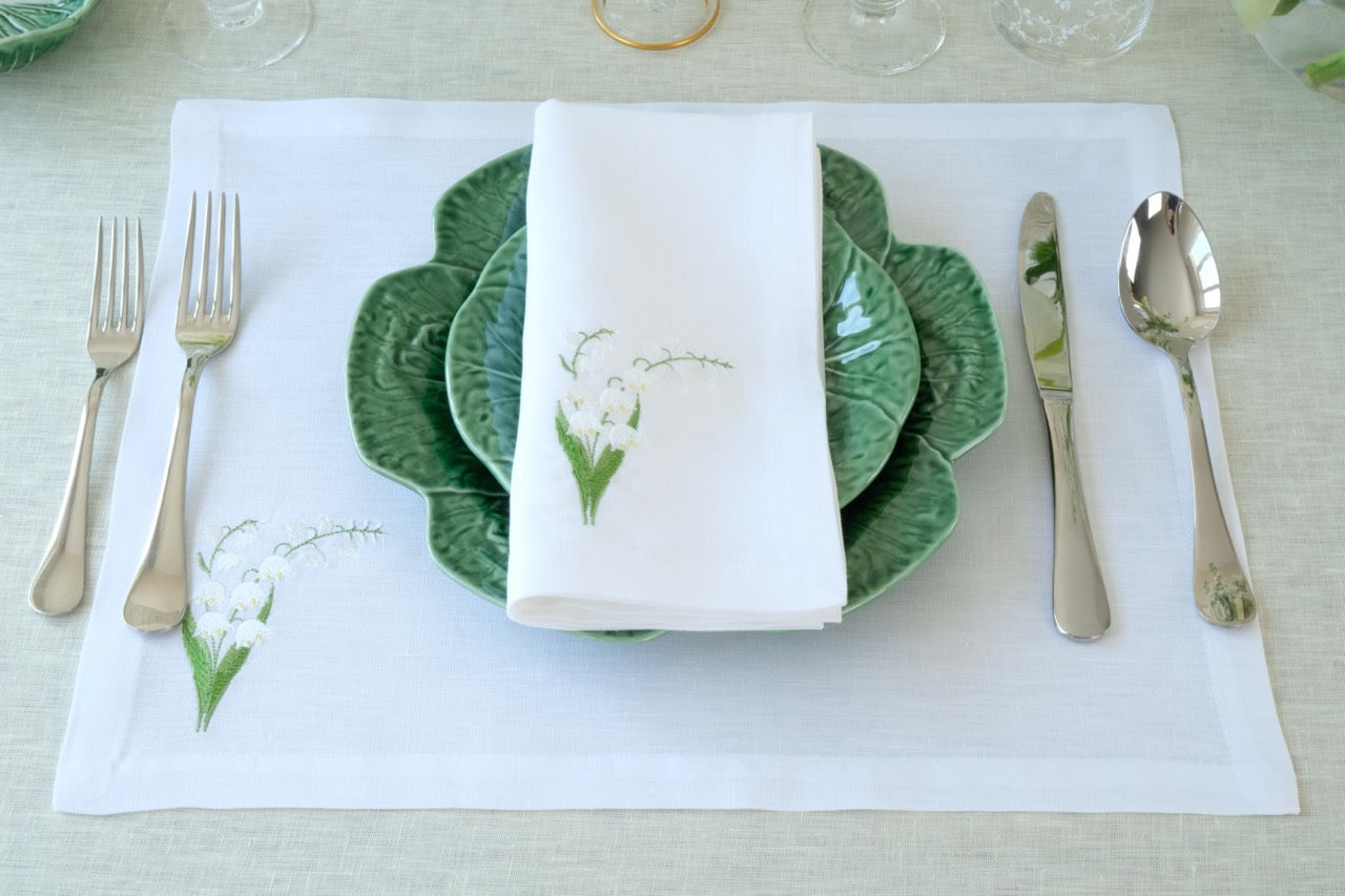 Lily of the Valley Collection, White Linen Napkin and Placemat, Set of 4