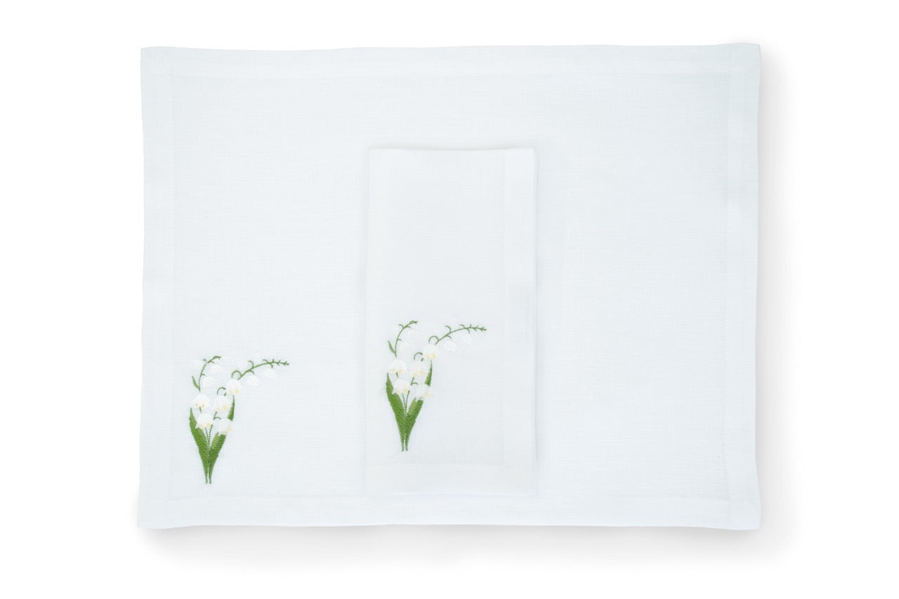 Lily of the Valley Collection, White Linen Napkin and Placemat, Set of 4