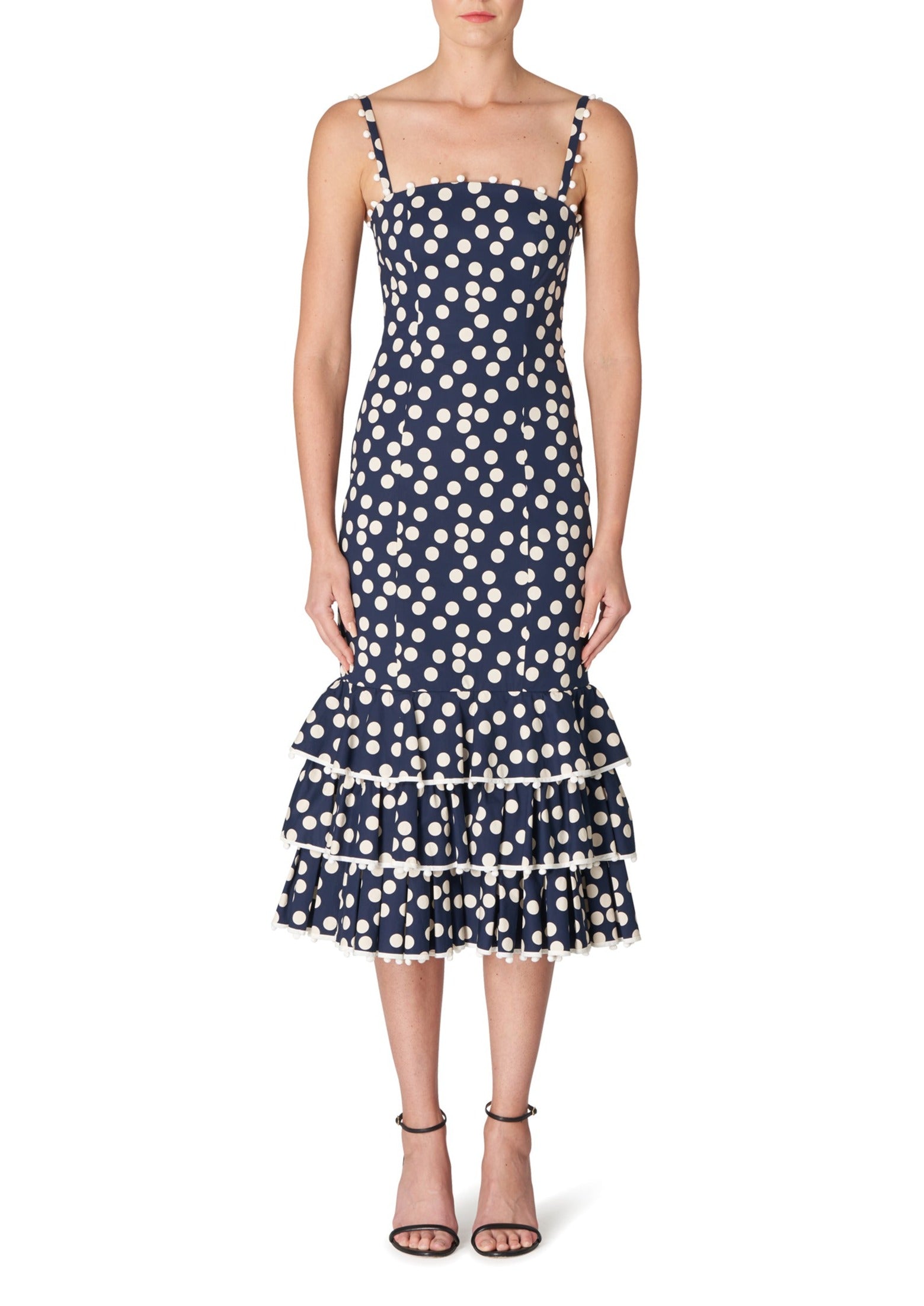 Navy Polka Dot Tiered Ruffle Midi Dress