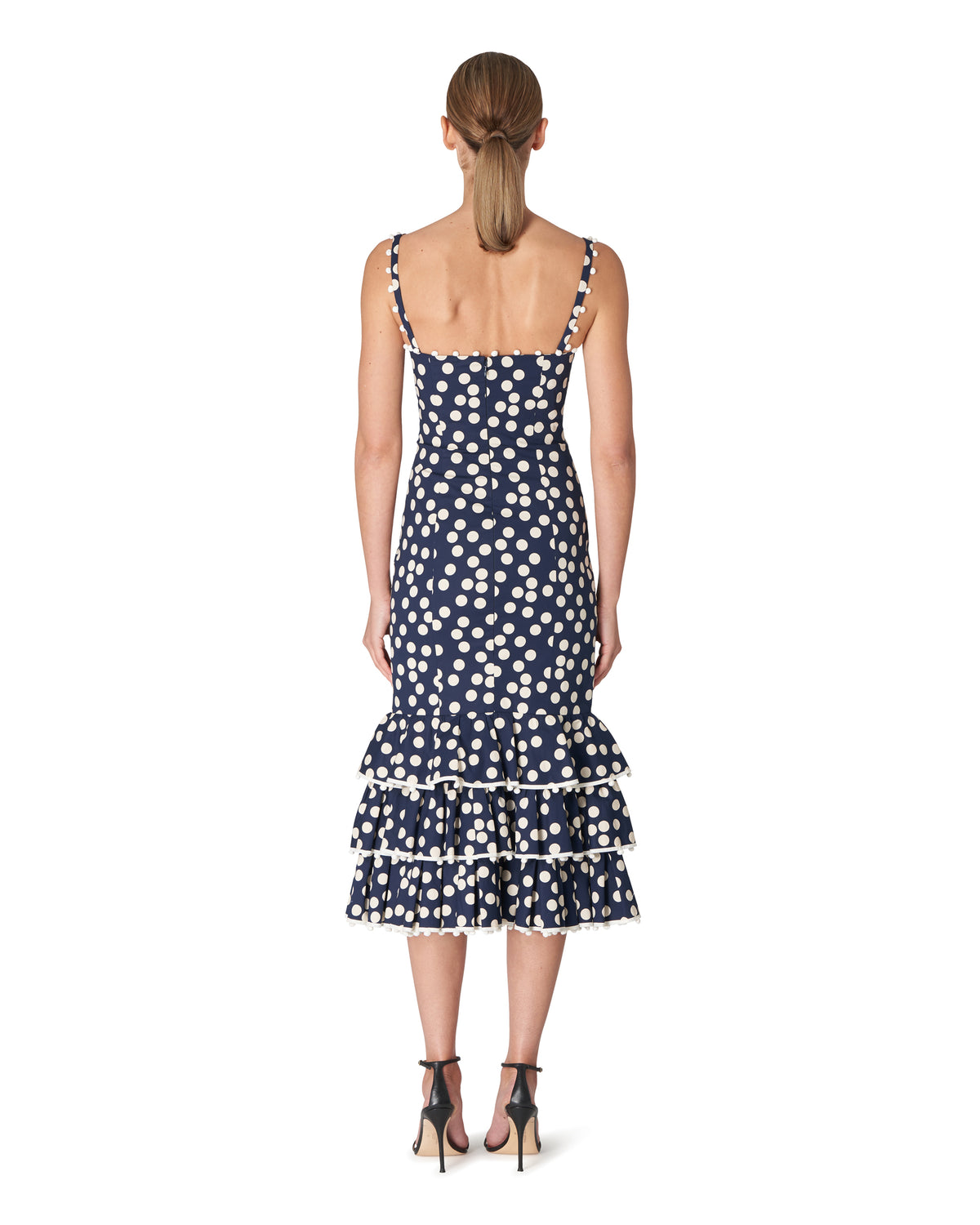 Navy Polka Dot Tiered Ruffle Midi Dress