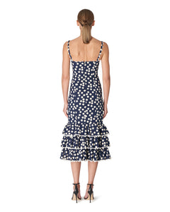 Navy Polka Dot Tiered Ruffle Midi Dress