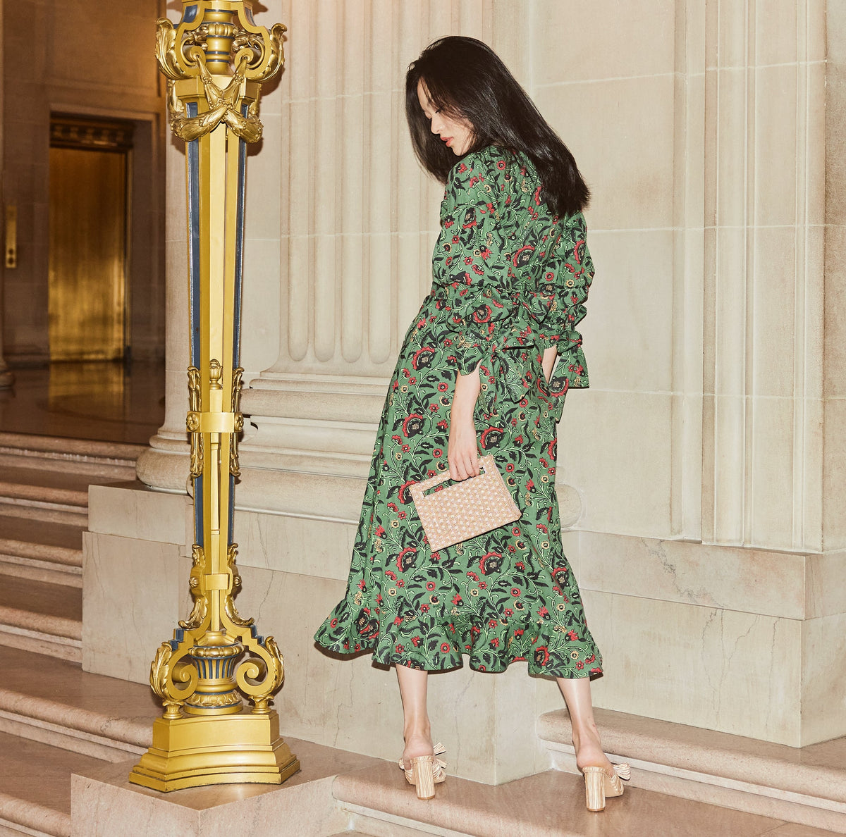 Ellen Ruffled Wrap Dress in Forest Green