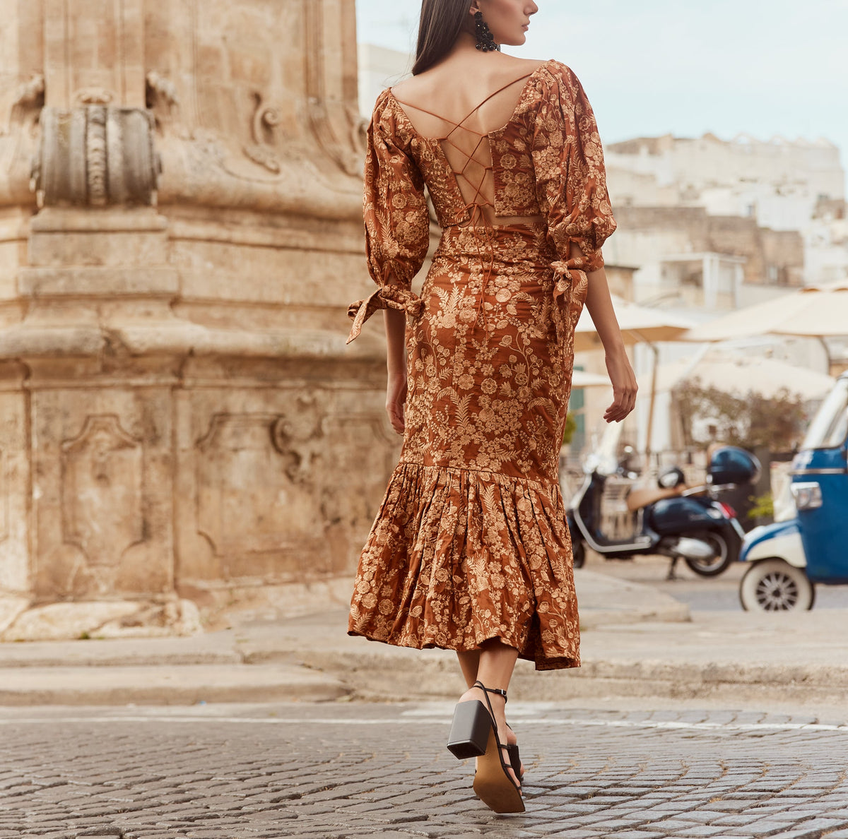 Mary Embroidered Fluted Skirt in Copper