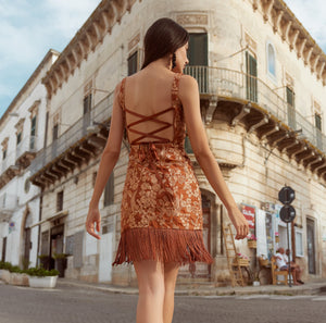 Mary Embroidered Fringe Dress in Copper