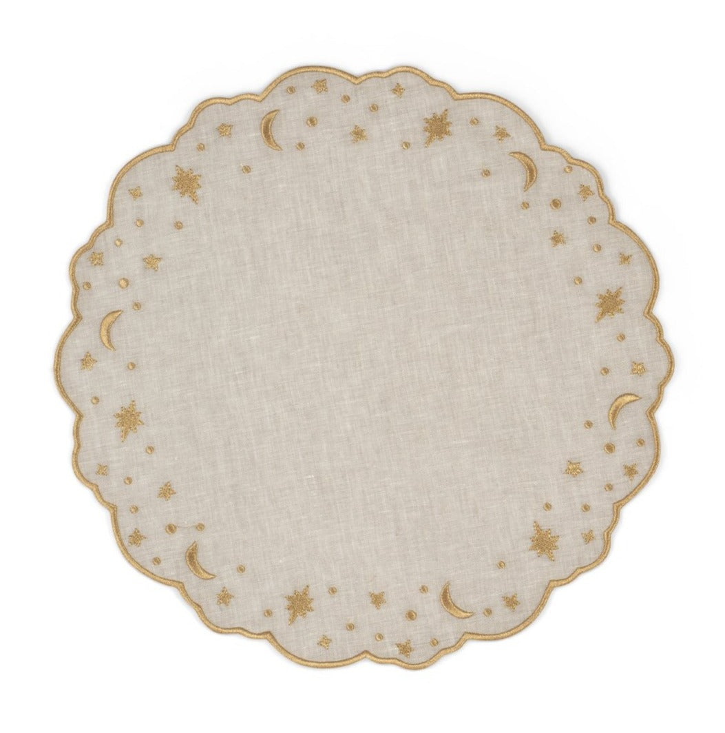 The Astral Linen Placemat in Natural Linen and Gold Embroidery