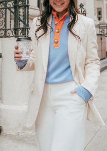 The Diana Sweater in Lisboa Blue and Jaffa Orange