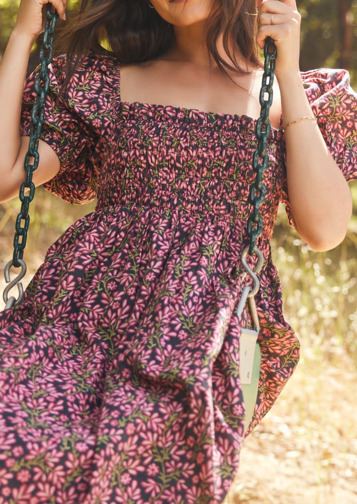 Aurora Puff Sleeve Maxi Dress in Faded Onyx Light Ruby Floral