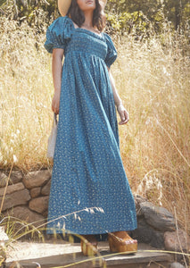 Aurora Puff Sleeve Maxi Dress in Queen Blue Mini Alabaster Floral