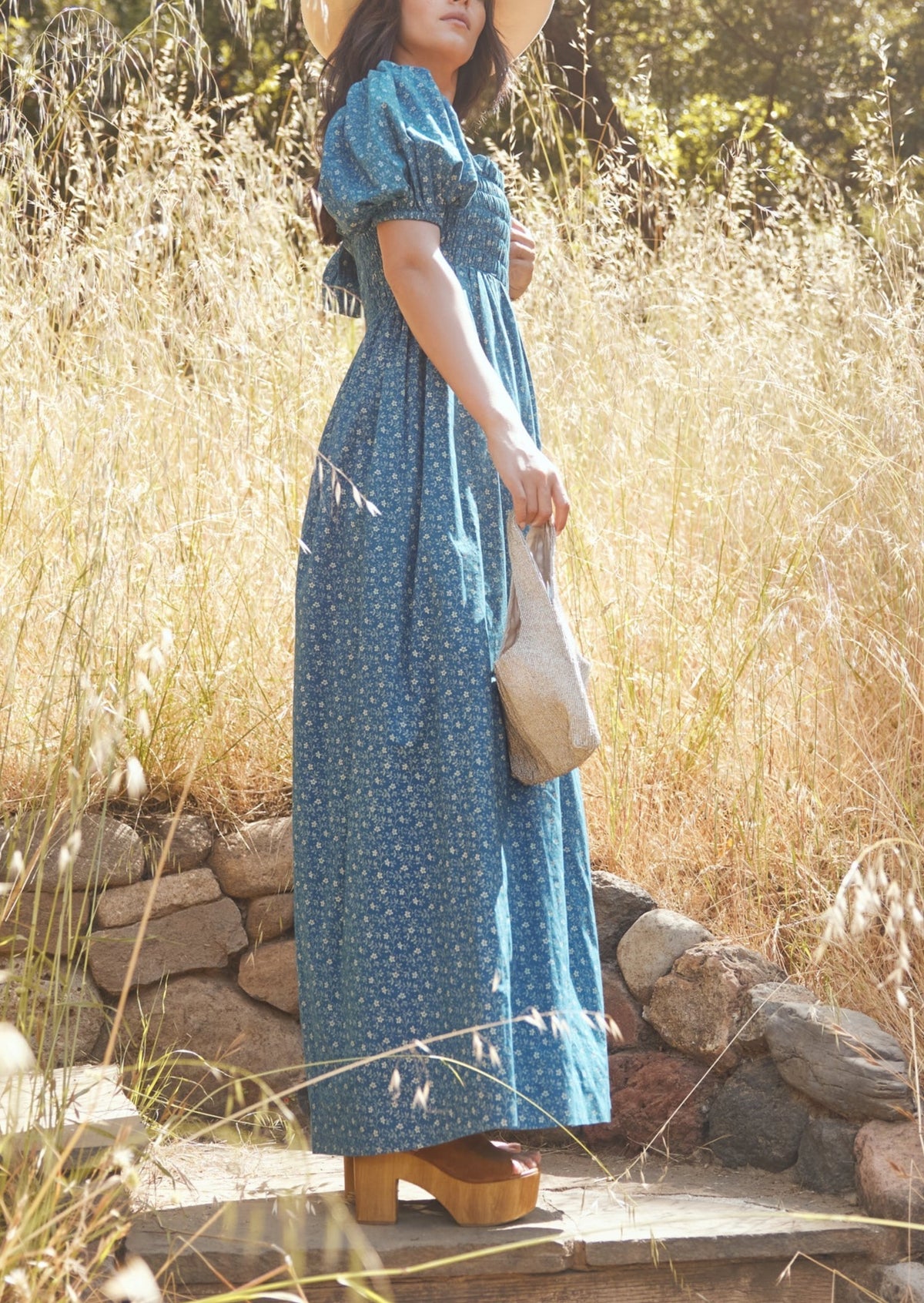 Aurora Puff Sleeve Maxi Dress in Queen Blue Mini Alabaster Floral