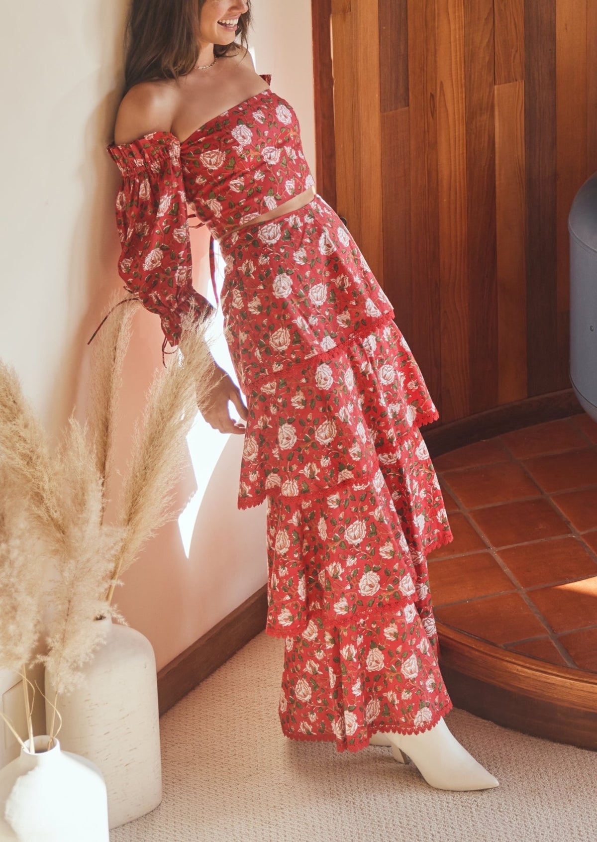 Brenda Tiered Skirt in Scarlet Ivory Rose Floral