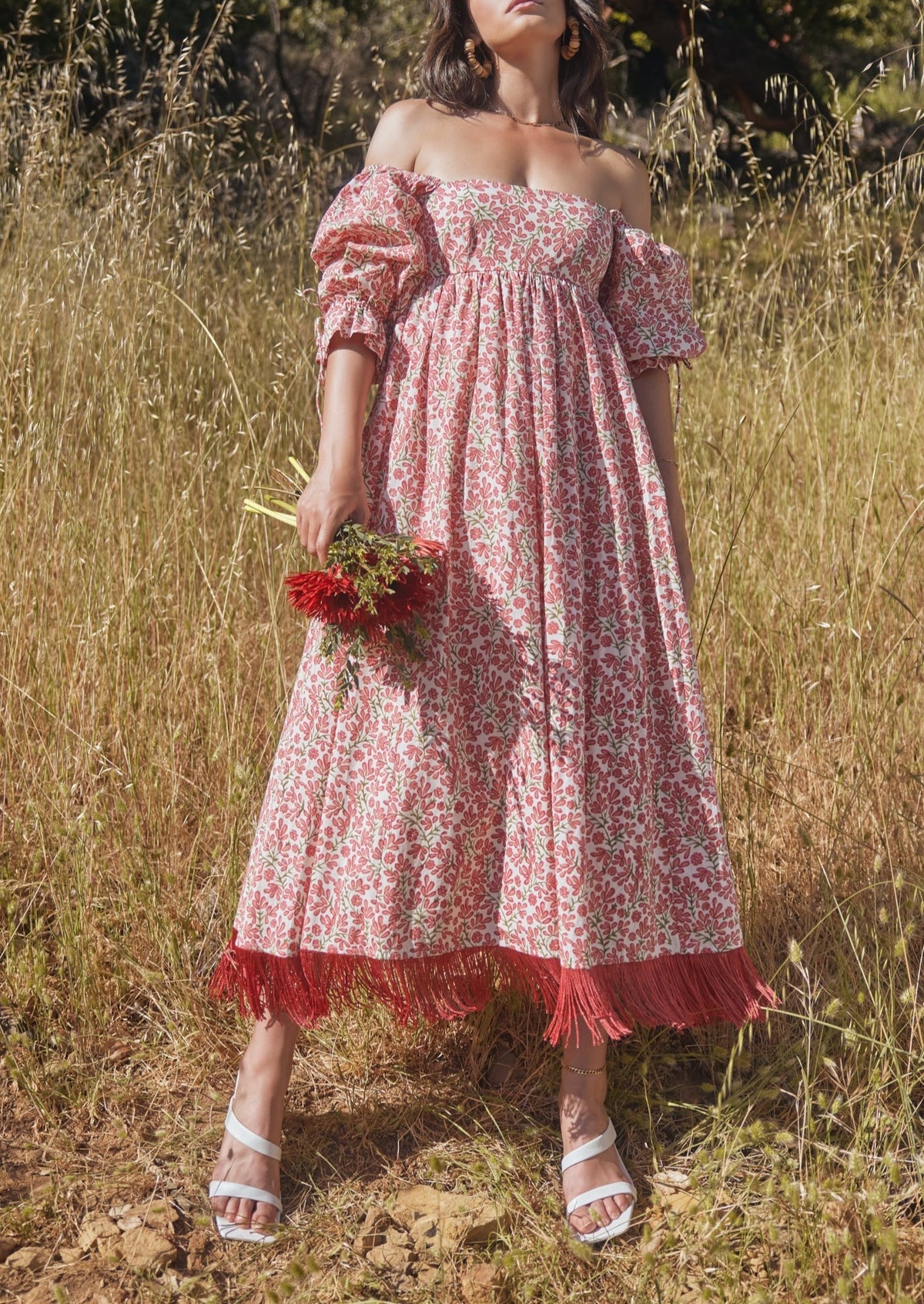 Jocelyn Embroidered Puff Sleeve Fringe Dress in Ivory and Light Ruby Floral