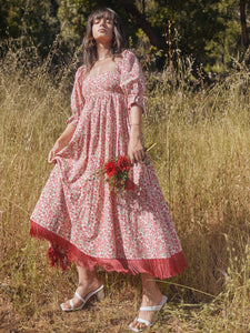 Jocelyn Embroidered Puff Sleeve Fringe Dress in Ivory and Light Ruby Floral