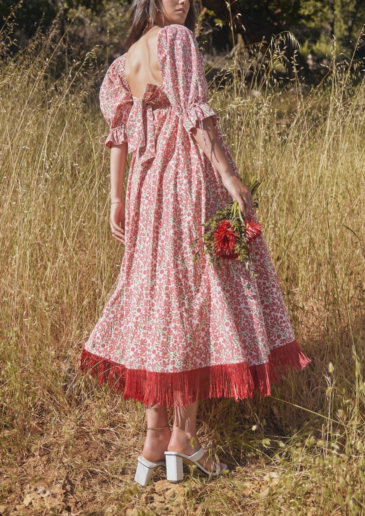 Jocelyn Embroidered Puff Sleeve Fringe Dress in Ivory and Light Ruby Floral