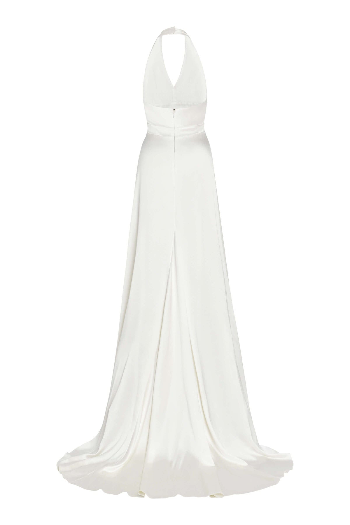 Francoise White Silk V-Neck Halter Gown With Train