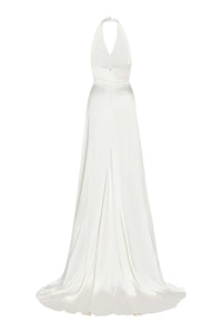 Francoise White Silk V-Neck Halter Gown With Train