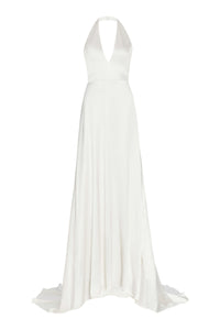 Francoise White Silk V-Neck Halter Gown With Train