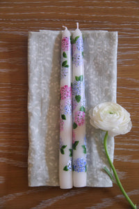 Ivory Summer Hydrangeas Hand-Painted Taper Candles, Set of Two